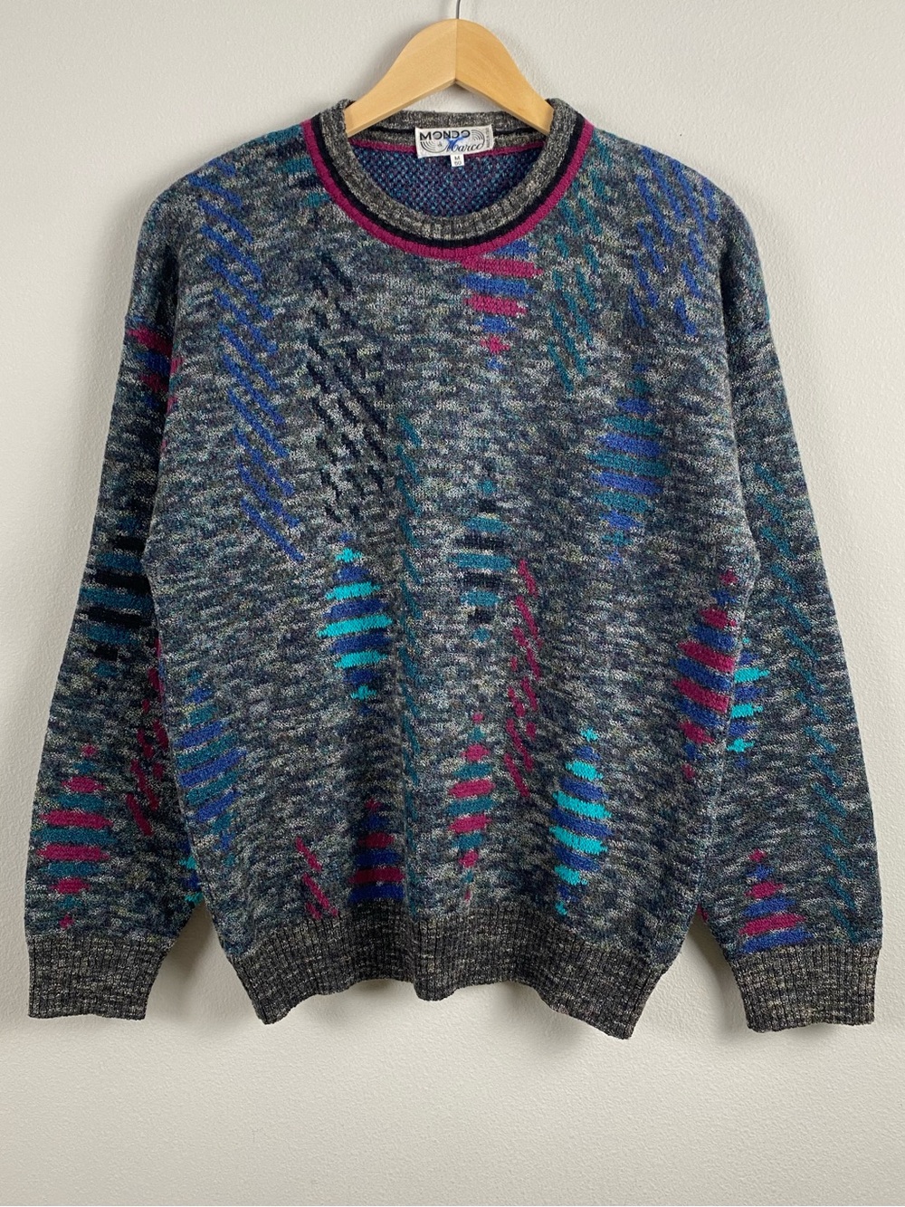 Mondo Di Marco Vintage Wool Blend Knit Patterned Long Sleeve Crewneck Sweater